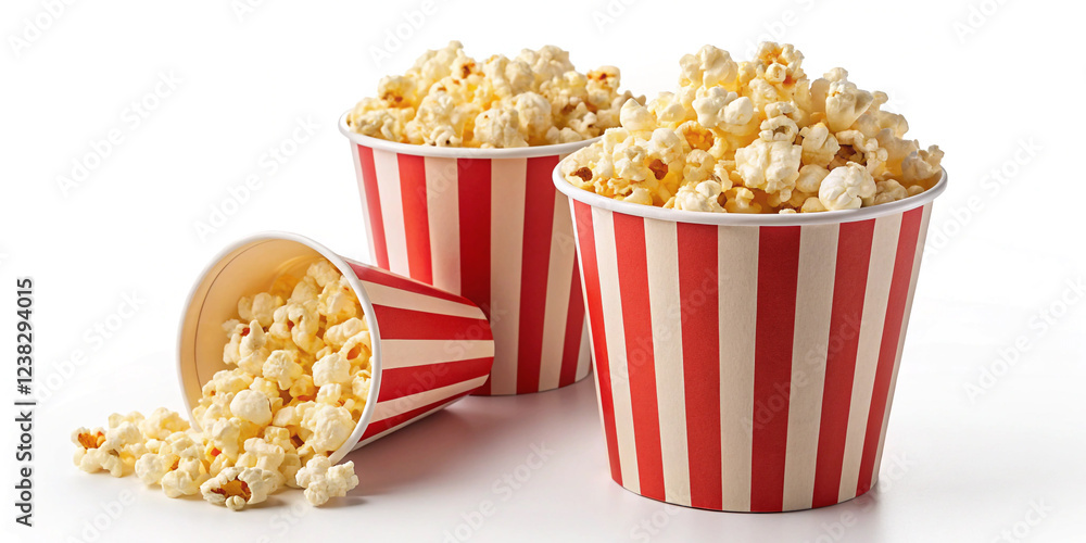 Two Red Striped Paper Cups Filled with Delicious Popcorn for Movie Nights Two Red Striped Paper Cups Filled with Delicious Popcorn for Movie Nights