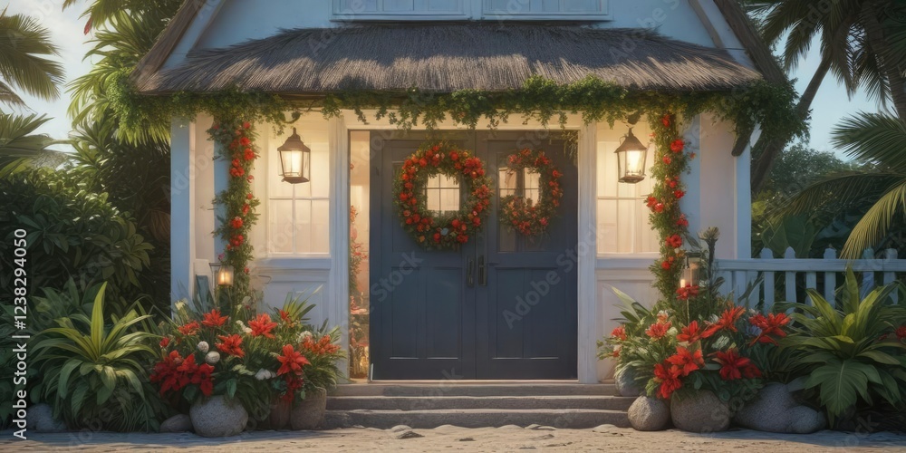 Fototapeta premium Seaside cottage with a festive Christmas wreath on the front door adorned with tropical flowers, coastal, tropical flowers