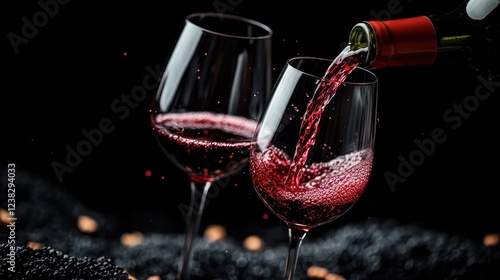 Two wine glasses being filled with red wine against a dark background.