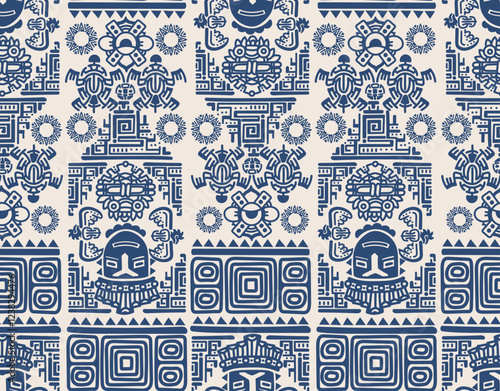 Seamless pattern Mayan Aztec totems vector ornament. Seamless African pattern. Ethnic carpet with chevrons. Modern rug. Geo print on textile. Fabric or textile print, with Mexico native Maya culture.
