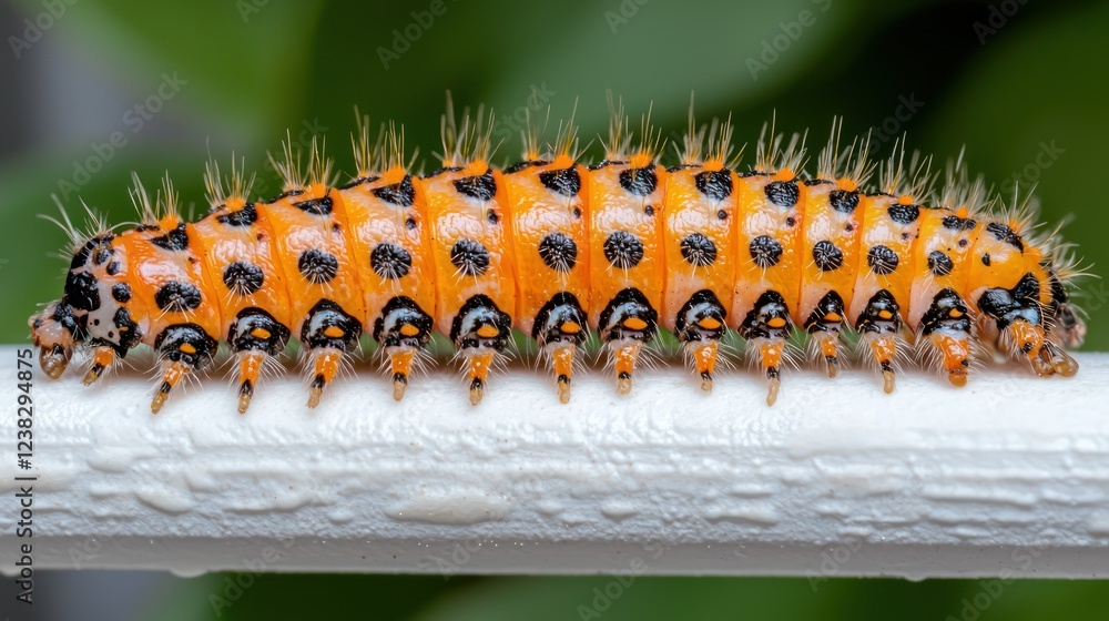 A close-up of a vibrant orange and black caterpillar with spiny protrusions. A close-up of a vibrant orange and black caterpillar with spiny protrusions.