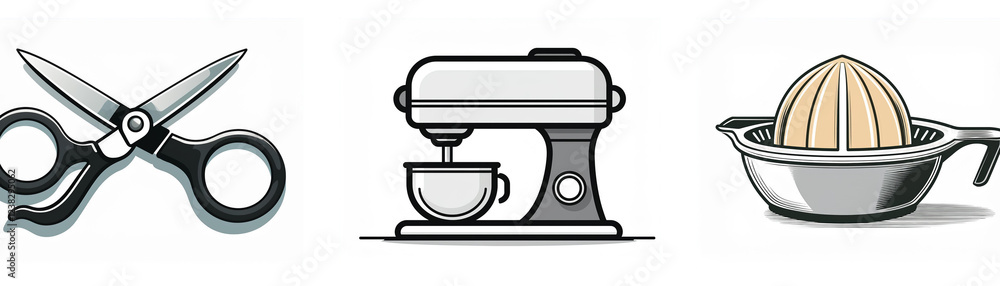 Icon set featuring kitchen utensils: scissors, stand mixer, and citrus juicer. Simple, graphic style. Icon set featuring kitchen utensils: scissors, stand mixer, and citrus juicer. Simple, graphic style.