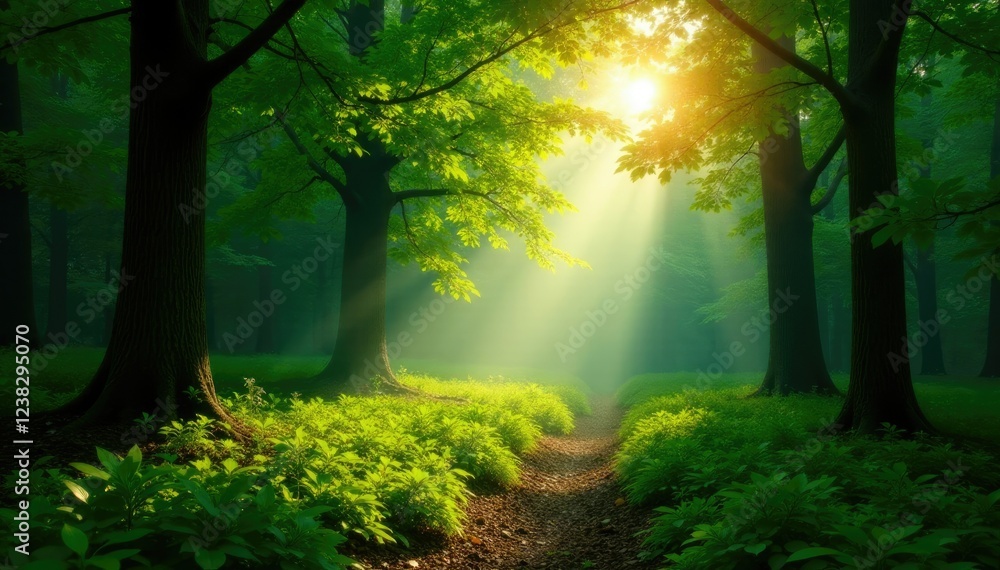 Obraz premium Quiet morning in a forest glade with sunlight filtering through trees, greenery, foliage