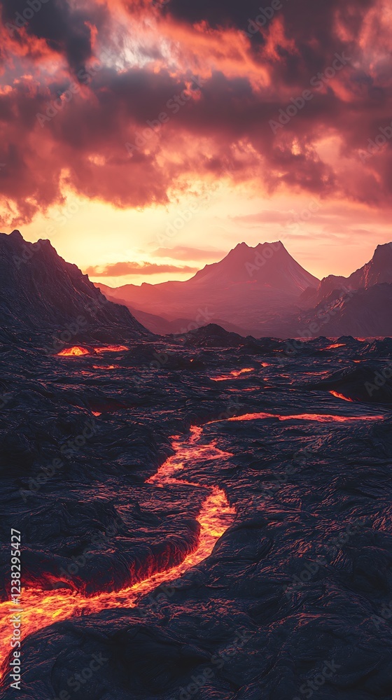 Fototapeta premium volcanic terrain with molten lava under blazing sky image