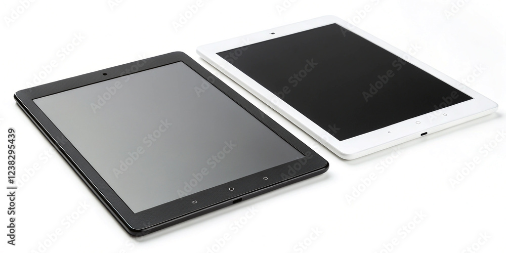 A Set of White and Black Tablets with Blank Screens Isolated for Technology Display A Set of White and Black Tablets with Blank Screens Isolated for Technology Display