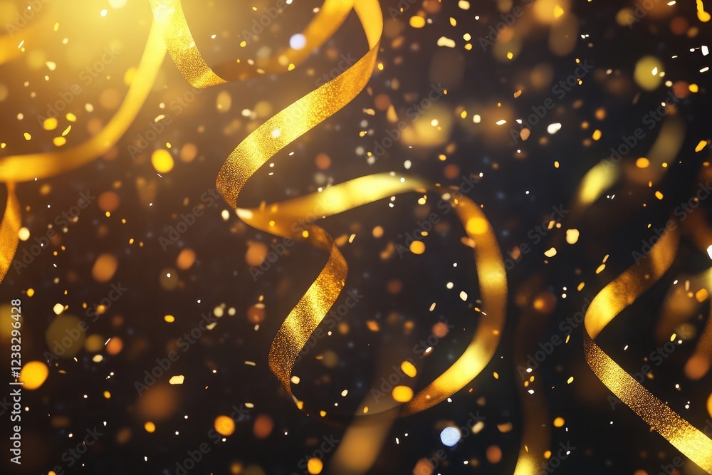 Festive New Year banner featuring golden streamers and a sparkling countdown clock Festive New Year banner featuring golden streamers and a sparkling countdown clock