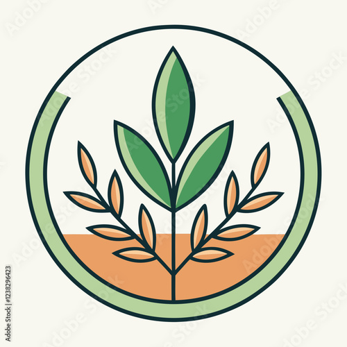 Leaf logo with a circular frame, surrounded by tiny leaves and branches, earthy and natural tones, rustic and organic, great for farm-to-table or agricultural businesses