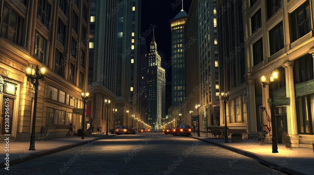Fototapeta premium Deserted financial district street at night, economic downturn, business failures, recession background, dramatic lighting.