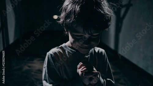 Sinister Child in Dark Corridor with Glowing Red Eyes