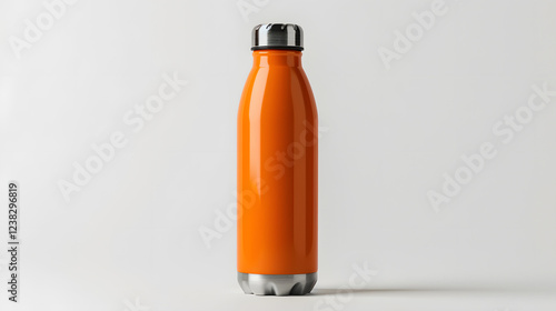 mock up empty orange water bottle thermos, white background