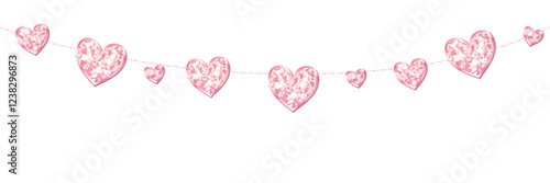 Seamless pink glitter hearts decoration. Valentines day frame, border. Wedding string ornaments isolated. Mothers day garland. Transparent background in vector file.