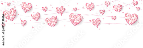 Seamless pink glitter hearts decoration. Valentines day frame, border. Wedding string ornaments isolated. Mothers day garland. Transparent background in vector file.