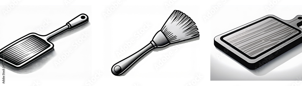 Simple grayscale icons depicting kitchen utensils: a spatula, a pastry brush, and a cutting board. These are symbolic representations of cooking and baking tools. Simple grayscale icons depicting kitchen utensils: a spatula, a pastry brush, and a cutting board. These are symbolic representations of cooking and baking tools.