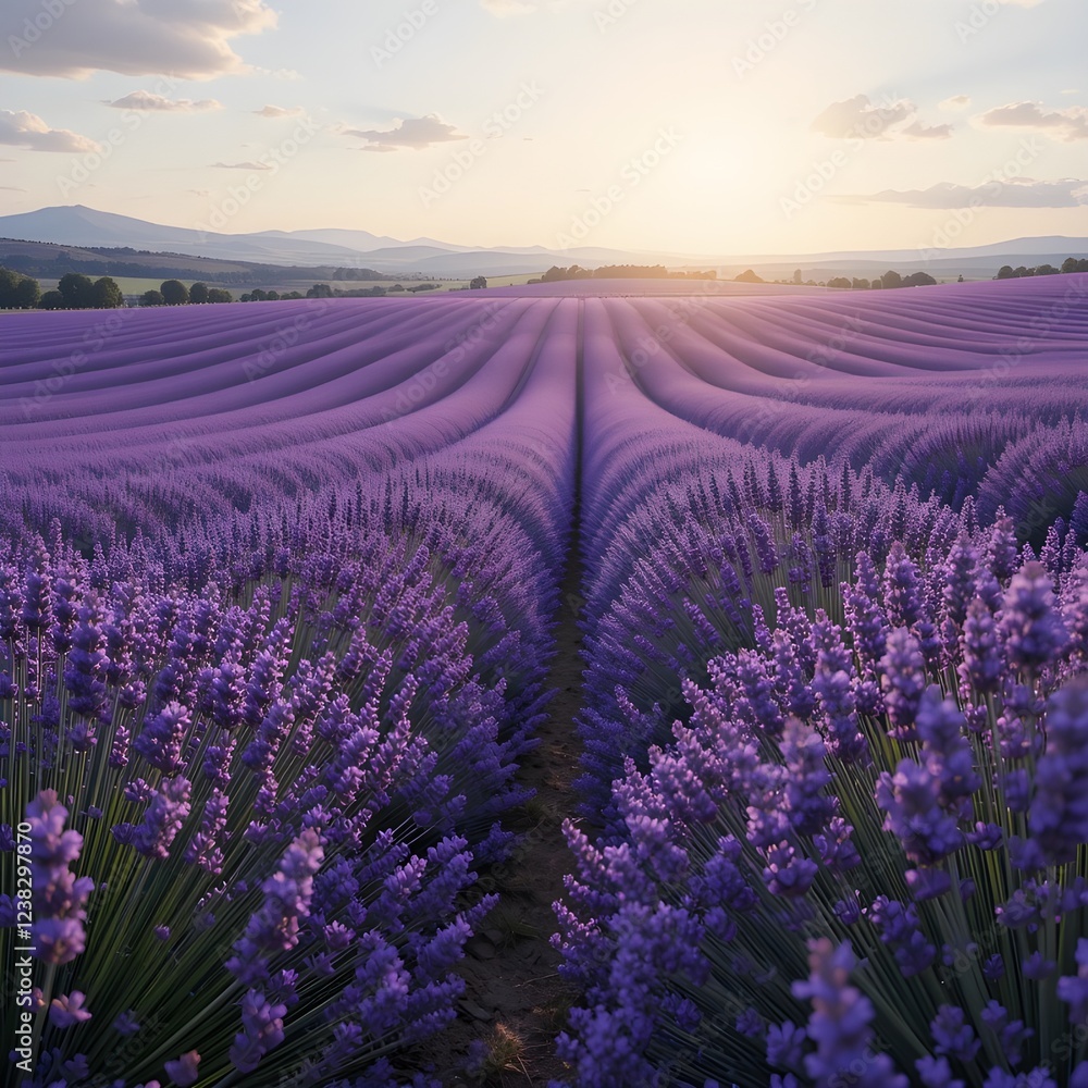 Obraz premium Nature view illustration of a lavender flower field in the afternoon