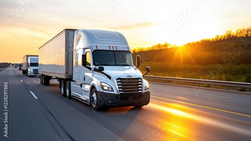 A truck driving on a highway at sunset, symbolizing transport and logistics.