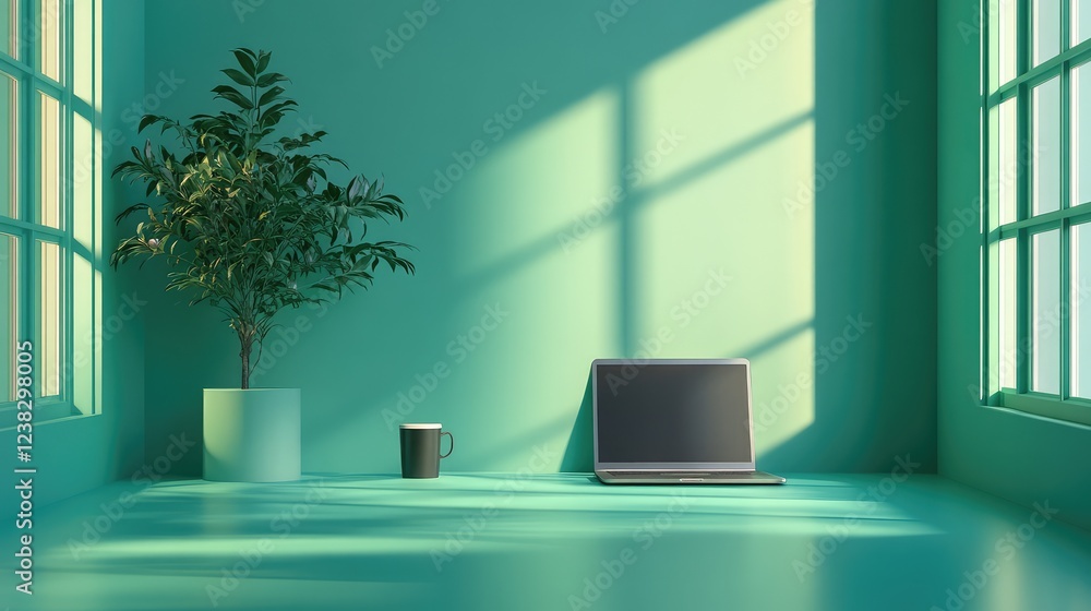 Empty desk with a laptop, plant, and coffee cup, leaving a large area of clean space for copy and office branding. Empty desk with a laptop, plant, and coffee cup, leaving a large area of clean space for copy and office branding.