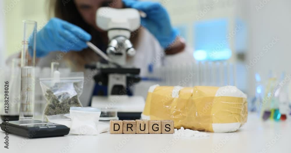 A dedicated scientist meticulously examines various drugs under a microscope in a focused lab setting A dedicated scientist meticulously examines various drugs under a microscope in a focused lab setting