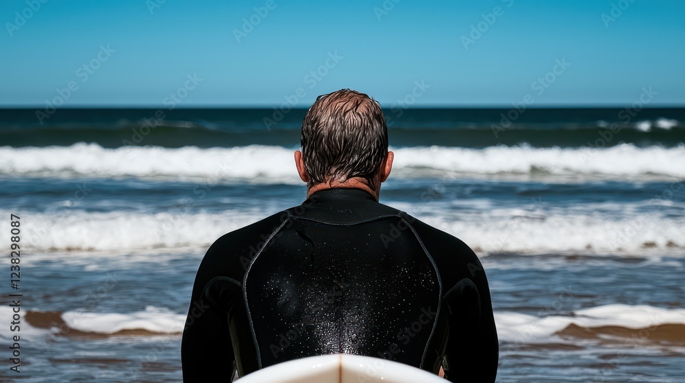 Fototapeta premium A surfer sitting on the beach, gazing at the ocean waves.