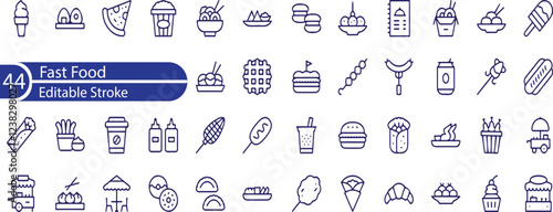 Fast Food Editable Icons set. Vector illustration in modern thin line style of restaurant menu related icons. burger, French fries, desserts, and more.