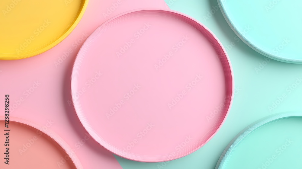 Obraz premium Colorful Round Plates on Pastel Backgrounds Perfect for Table Settings and Event Styling