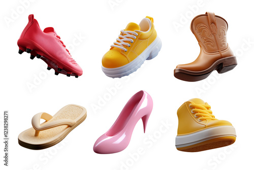 Different cute cartoon shoes 3D icons set. Cowboy shoe, soccer cleats, sneakers, heels, flip flop sandals, boots. Ai generated