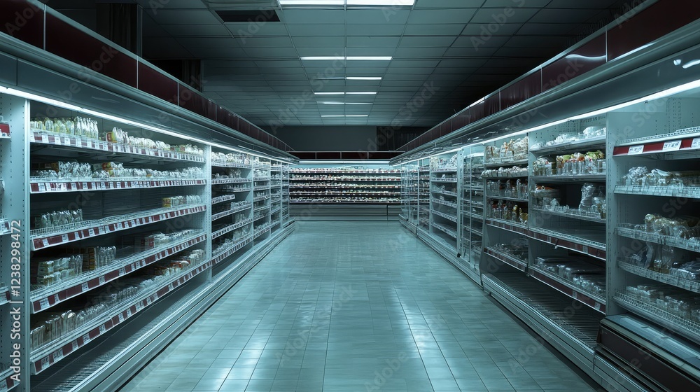 Empty supermarket aisle with only a few scattered products, financial crisis, economic downturn, recession background. Empty supermarket aisle with only a few scattered products, financial crisis, economic downturn, recession background.