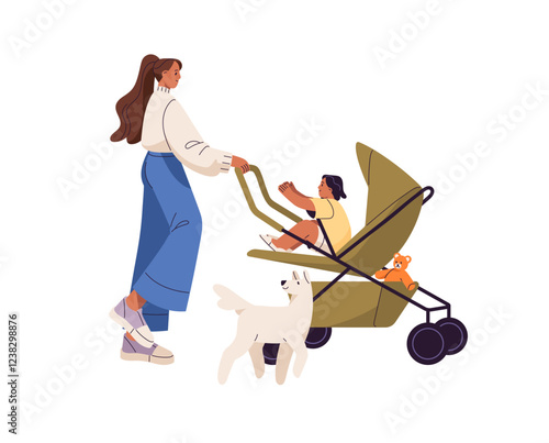 Young mother walks with son or daughter in baby carriage. Parent pushes pram, strolls with kid outdoors. Mom with child in buggy, perambulator. Flat isolated vector illustration on white background