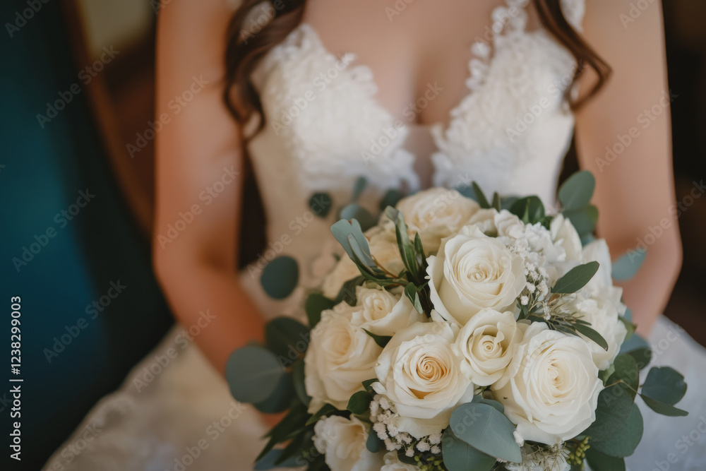 Naklejka premium Elegant bridal bouquet of white roses with greenery and bokeh lights in a romantic setting, perfect for wedding decor, celebrations, and floral design inspirations