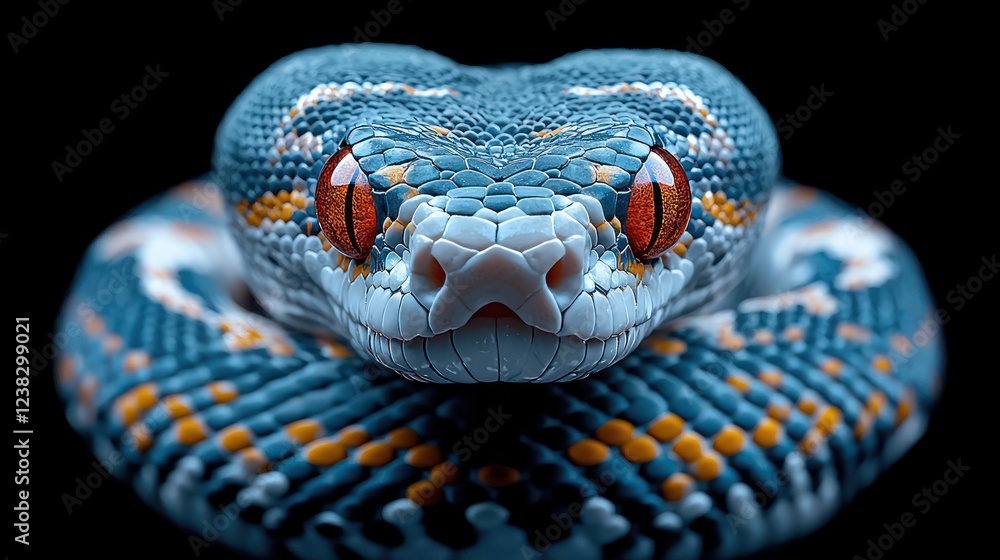 Fototapeta premium A close-up of a vibrant blue and orange snake with striking red eyes against a dark background.