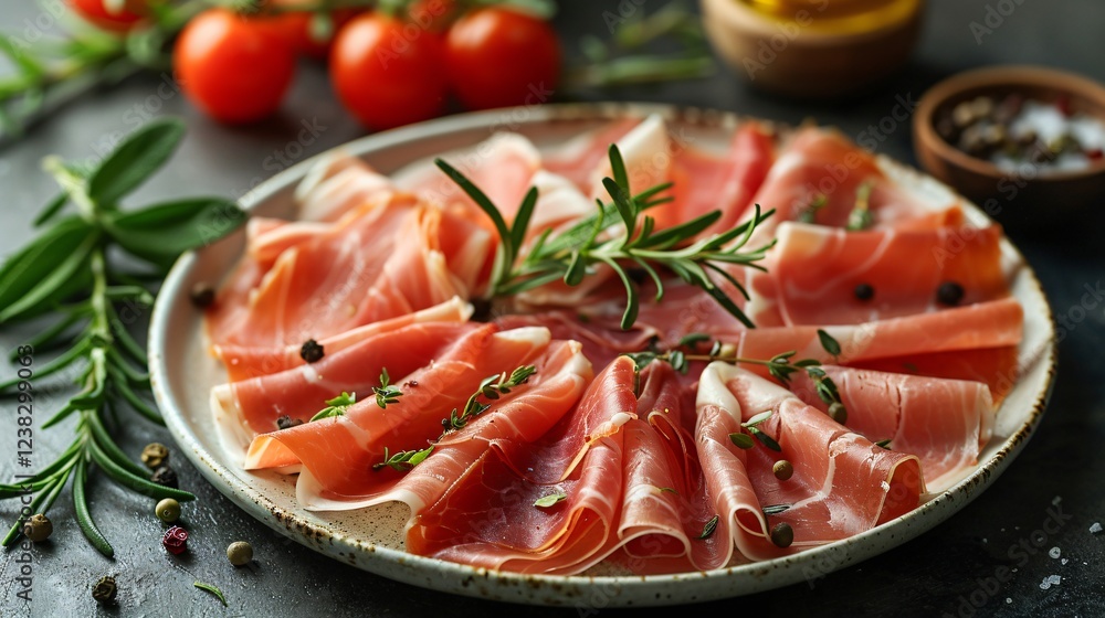 Sliced ham on a table in a white plate Sliced ham on a table in a white plate