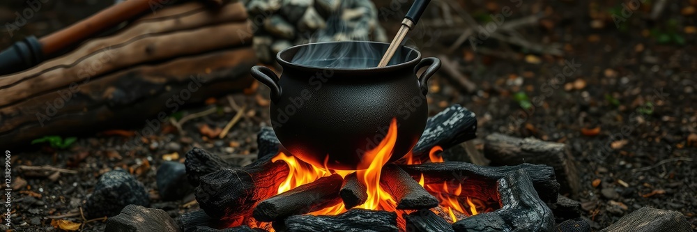 Simmering cauldron over a crackling campfire, flames, forest, soup Simmering cauldron over a crackling campfire, flames, forest, soup