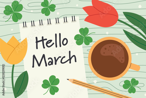 hello march written on a spiral notebook with clovers and tulip flowers- vector illustration