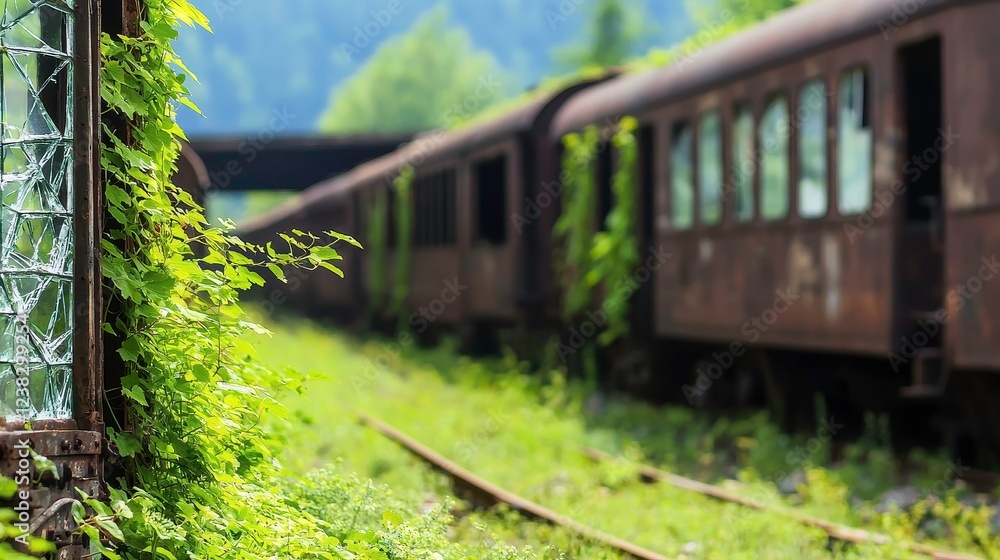 Obraz premium An overgrown train track with rusted cars partially obscured by lush green vegetation, showcasing nature's reclamation of abandoned railways.