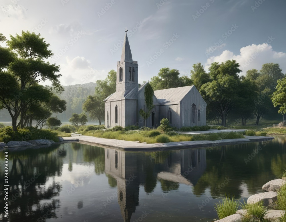 Simple grey concrete church with a tranquil lake and lush greenery in the background, lush greenery, water features, tranquil lake Simple grey concrete church with a tranquil lake and lush greenery in the background, lush greenery, water features, tranquil lake