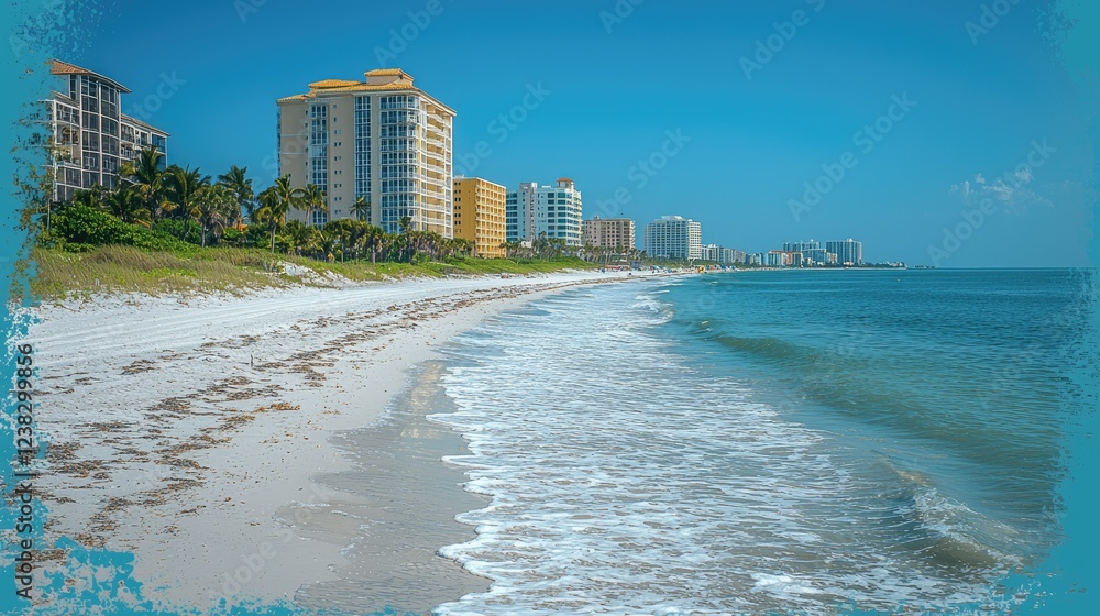 Coastal Buildings Line Sandy Beach Under Blue Sky Coastal Buildings Line Sandy Beach Under Blue Sky