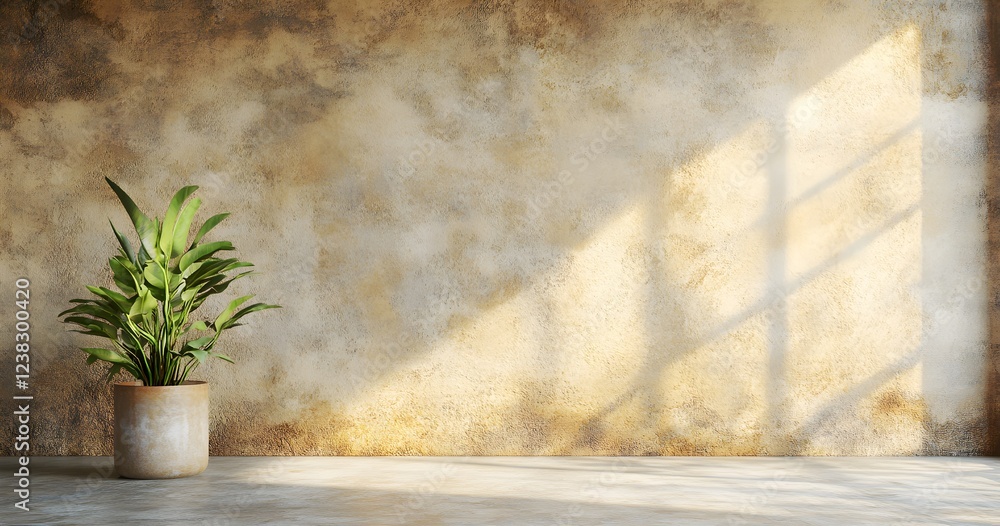 A large wall with rough stucco in dark brown tones, a plant on the floor, and a window with light shining through, creating an empty room mockup. A large wall with rough stucco in dark brown tones, a plant on the floor, and a window with light shining through, creating an empty room mockup.