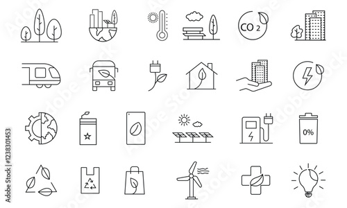 Green City Line Icons set. CO2 neutral, zero waste, use bike, green energy, air and water quality. Vector illustration