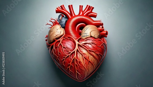 Anatomy of the human heart with labeled sections, realistic textures, placed on a white background with an empty space