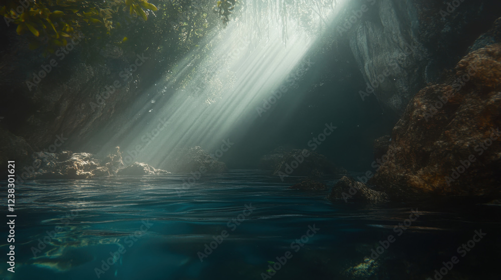 Fototapeta premium Light Beams Penetrate a Serene Underwater Cave Creating a Tranquil and Mystical Atmosphere in a Hidden Natural Oasis