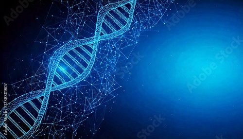 Futuristic glowing DNA strands interconnected by blue energy pulses, isolated on a dark gradient background with a large empty space for text