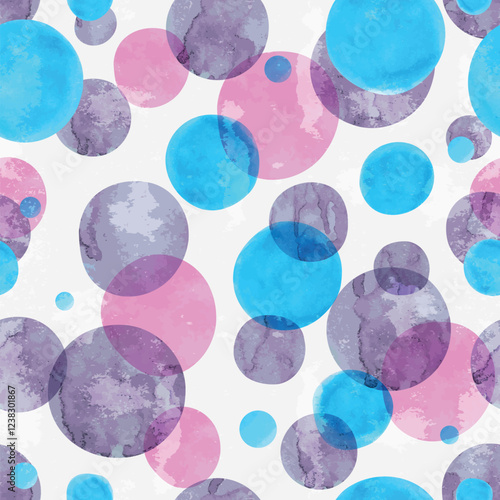 Hand drawn  vector colorful circles seamless pattern, watercolor texture on a white background. Chaotic placement