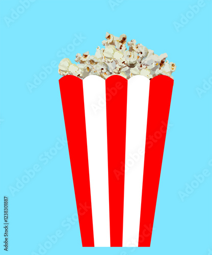 Red and white striped bucket of popcorn isolated on blue background , Corn snack cooked with butter, Fast food story vector graphic illustration