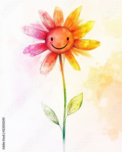 A whimsical illustration of a smiling flower, radiating joy with vibrant colors and cheerful expression, perfect for uplifting designs. photo