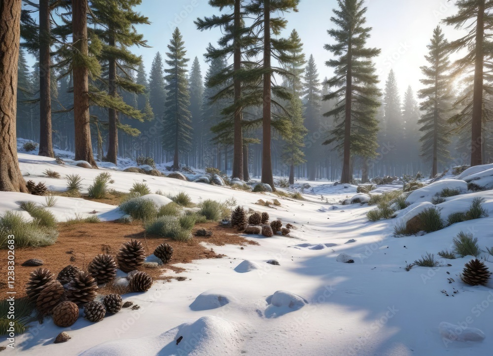 Snowy landscape with pine trees and pine cones on the ground , frosty, winter Snowy landscape with pine trees and pine cones on the ground , frosty, winter