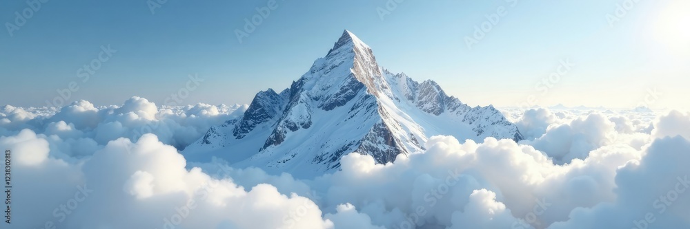 Obraz premium Snowy summit pierces through puffy white clouds, landscape, misty, natural wonder