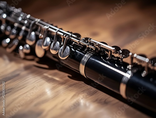 A premium oboe with a sleek black body and silver keys resting elegantly on a polished surface