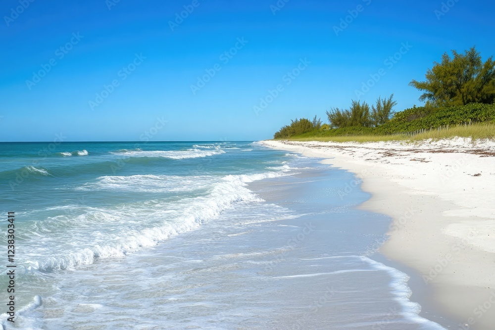Gentle ocean waves rolling onto a sandy beach under clear skies, perfect for summer relaxation Gentle ocean waves rolling onto a sandy beach under clear skies, perfect for summer relaxation