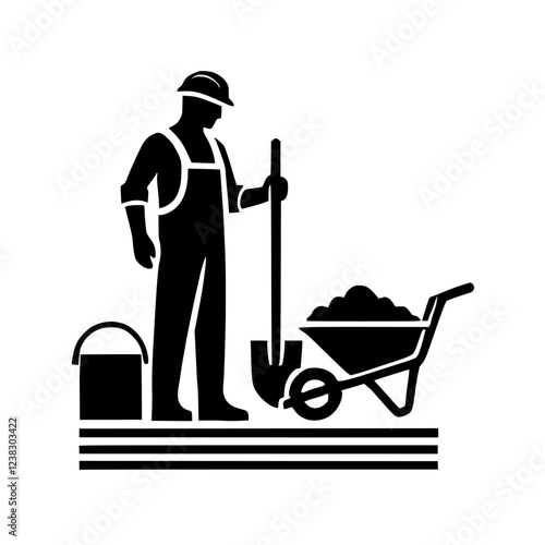 A Silhouette of a Construction Worker with Tools. A black and white image depicting a worker using a shovel and wheelbarrow, symbolizing manual labor and construction. Perfect for industrial themes.