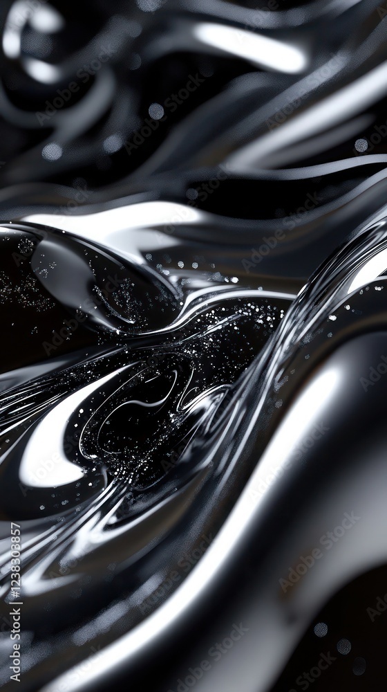 Shimmering Fluid Forms in Deep Black Charcoal Grey and Silver Highlights Shimmering Fluid Forms in Deep Black Charcoal Grey and Silver Highlights