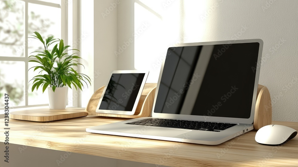 Fototapeta premium Minimalist office desk with a wireless mouse, laptop, and tablet, providing ample space for office technology content.